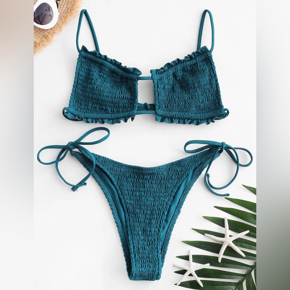 Cutout Tie Side Smocked Bikini Set - Peacock Blue